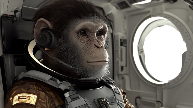 Highquality image of an intelligent monkey donning a sleek space suit, designed with advanced technology and glowing accents