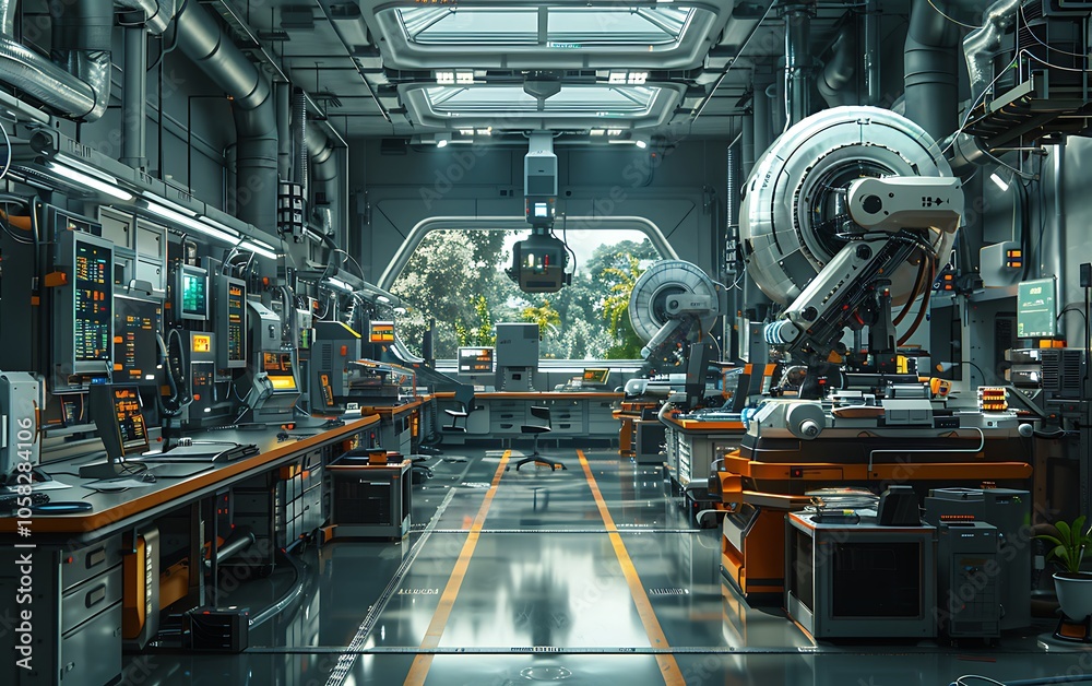 Poster A high-tech workshop featuring advanced machinery, bright lighting, and a futuristic design with green views through large windows.