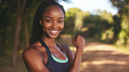 Black afro american woman showing her arms after a training session , sportive female happy after exercising outdoor