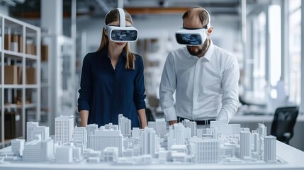 Architects wearing augmented reality headsets working with a 3D city model in a high-tech office..