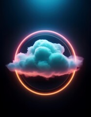 Obraz premium A vibrant neon circle encircles a single cloud with glowing hues in a dark setting during nighttime. Generative AI
