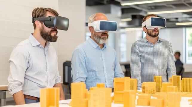 Architects wearing augmented reality headsets working with a 3D city model in a high-tech office..
