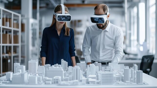 Architects wearing augmented reality headsets working with a 3D city model in a high-tech office..