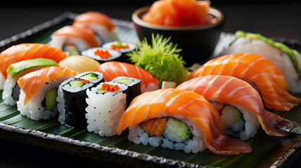 Traditional Japanese sushi platter with nigiri, maki, and sashimi, garnished with wasabi and ginger.