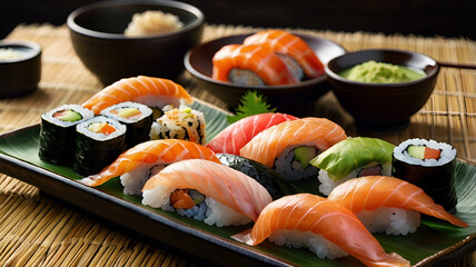 Close-up of assorted sushi rolls with fresh ingredients like salmon, tuna, and avocado, arranged beautifully on a black slate