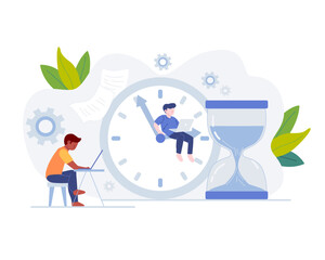 Two people working on laptops with large clock and hourglass. Suitable for time management and working remotely concepts.