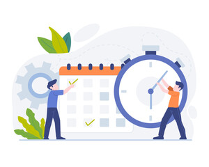 Two people manage time, one checks calendar, other adjusts clock.