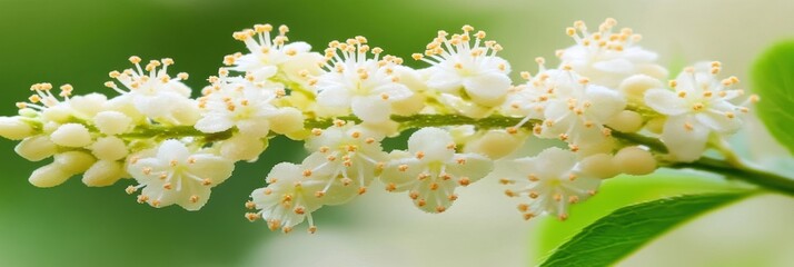 A close-up of delicate white flowers with orange accents on a green background.