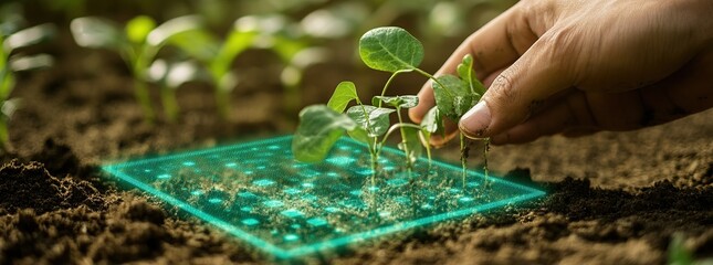 Close-up of a hand examining a young plant with a futuristic glowing grid overlay.