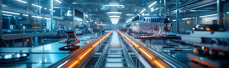 Fototapeta premium A modern industrial facility featuring automated machinery and illuminated assembly lines, highlighting advanced manufacturing processes.