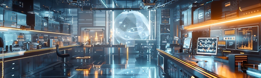 Poster A futuristic, high-tech environment featuring glowing data displays and a large celestial projection, emphasizing advanced technology and innovation.
