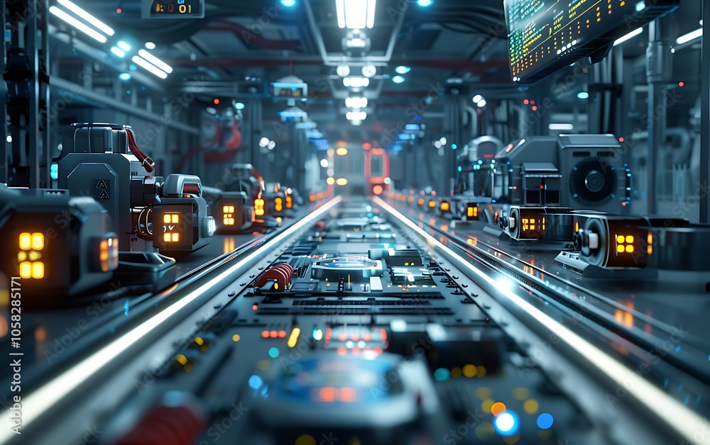 Poster a futuristic factory interior filled with robotic machinery and illuminated control panels, showcasi