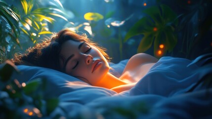 A serene woman sleeps peacefully amidst lush greenery and soft light.