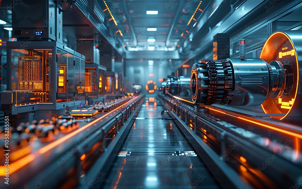 Aufkleber A futuristic industrial setting featuring advanced machinery and vibrant lighting, emphasizing technology and automation.