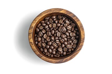 Fototapeta premium Roasted coffee beans filling a wooden bowl, captured from above and isolated on a white background