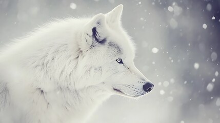 Fototapeta premium A stunning stock photo of a majestic white wolf prowling through a snowcovered forest, its fur blending seamlessly with the winter landscape.