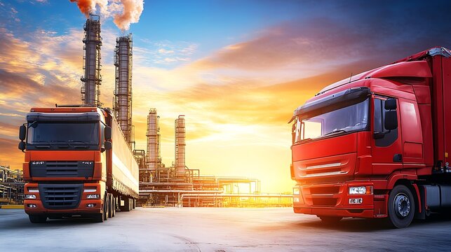 A stock photo featuring large transport trucks parked in an organized manner at a fuel processing plant