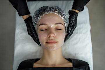 Beautician wearing black gloves applying a peeling mask on a young woman's face lying on a massage table in a beauty salon