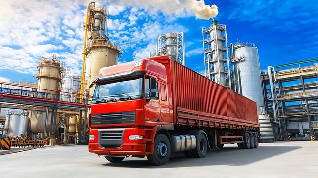 A stock photo featuring large transport trucks parked in an organized manner at a fuel processing plant