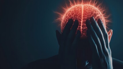 Fingers pressing into the temples, pulsing veins, headache pain, migraine concept