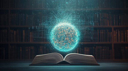 Open book on table, with a glowing data circle in the shape of a globe.