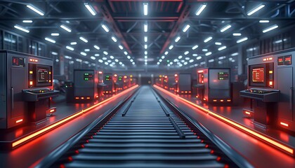 A modern industrial interior featuring illuminated tracks and advanced machinery, creating a futuristic atmosphere.