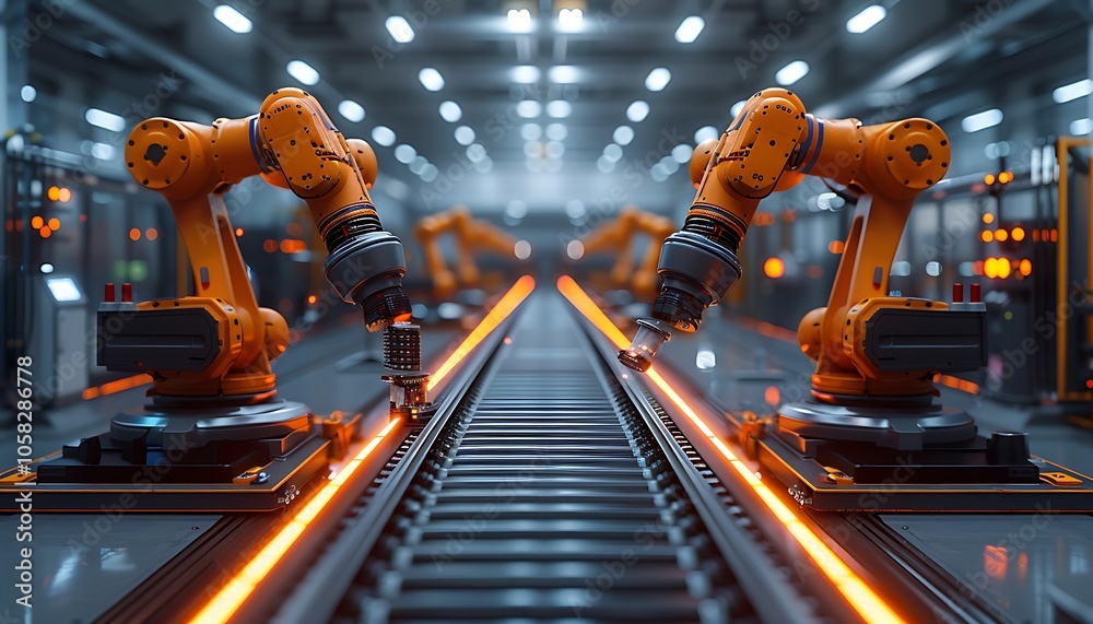 Poster a modern factory scene featuring robotic arms working on an assembly line, illuminated by bright lig