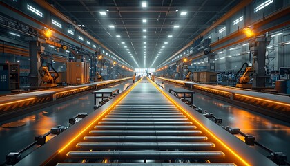 Fototapeta premium A modern industrial facility with robotic arms, illuminated conveyor belts, and a spacious layout for efficient production.