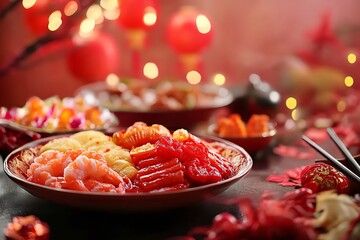 Delicious traditional chinese new year dishes served on a festive table with red decorations and bokeh lights
