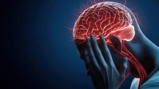 Palm pushing against side of head, visible throbbing veins, headache pain, intense migraine