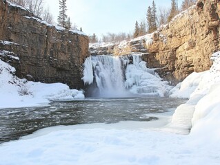 Frozen waterfall amidst snowy cliffs in winter wonderland landscape