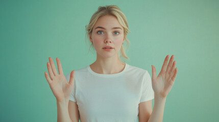 Young blonde caucasian woman wearing a blank white t-shirt with hands in the air like she refuses and avoids things or have hands in the air before getting arrested isolated on a green background