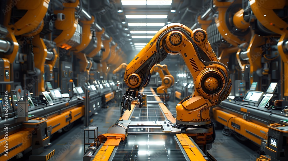 Poster a vibrant industrial scene featuring robotic arms working on a production line in a modern factory s
