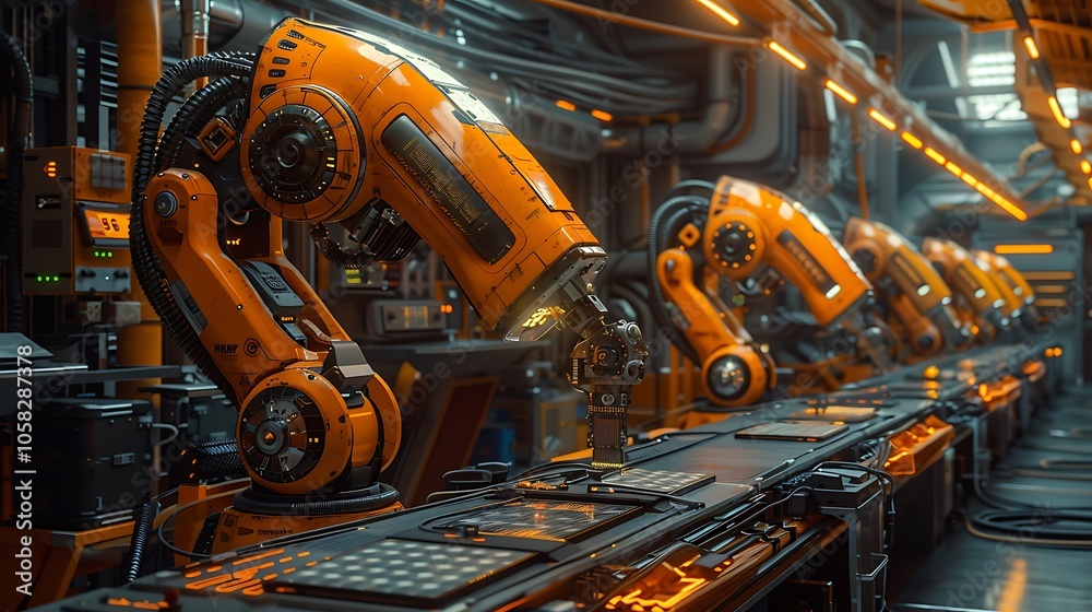 Poster A futuristic factory scene featuring robotic arms working on an assembly line, illuminated by ambient orange lighting.