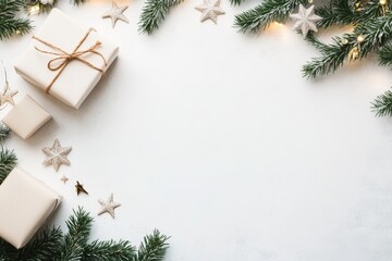 Christmas background with white gift boxes, fir branches, and stars on the right side of a light gray background. Flat lay style. Free space for text.