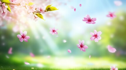 Fototapeta premium A serene landscape with cherry blossoms and soft sunlight filtering through the trees.