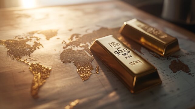 The image features gold bars resting on a map, symbolizing wealth, trade, and global connections.