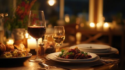 A beautifully set dining table with gourmet dishes, a glass of red wine, and warm, realistic