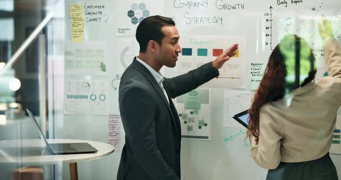 Collaboration, chart and planning with business people in office for moodboard, brainstorming and company revenue. Sales projection, team and target demographic with employee in startup for project