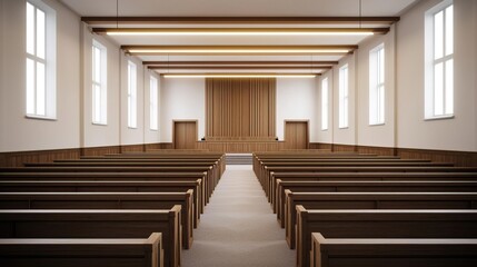 Obraz premium Empty courtroom with lights dimmed, symbolizing the orderly, serious nature of the legal process