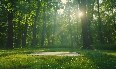 Fototapeta premium A tranquil forest scene featuring sunlight filtering through lush green trees, illuminating a grassy area, creating a serene and peaceful atmosphere.