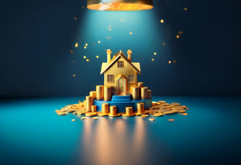 A golden house sits on a platform of stacked gold coins, illuminated by a spotlight. The house is surrounded by scattered gold coins on a dark blue background.