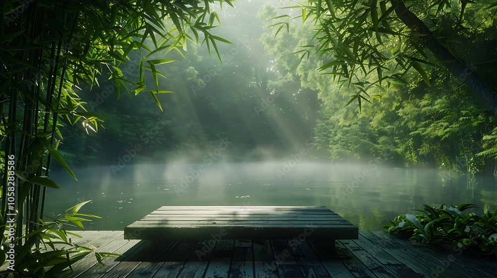 Poster a serene view of a wooden platform by a misty lake surrounded by lush green trees and bamboo, illumi