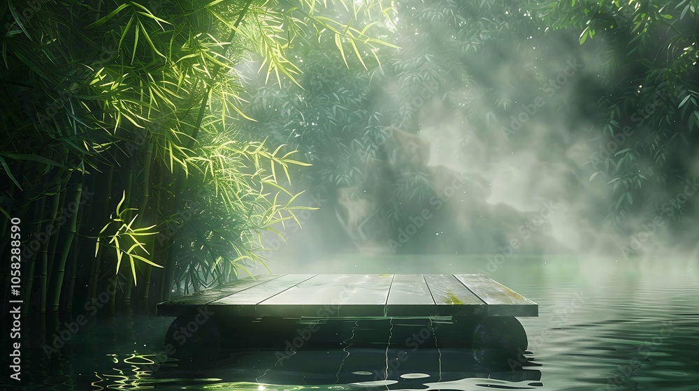 Aufkleber a serene misty scene featuring a wooden platform surrounded by lush greenery and soft fog, reflectin