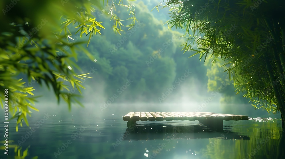Aufkleber a serene water scene featuring a wooden dock surrounded by lush greenery and mist, creating a tranqu
