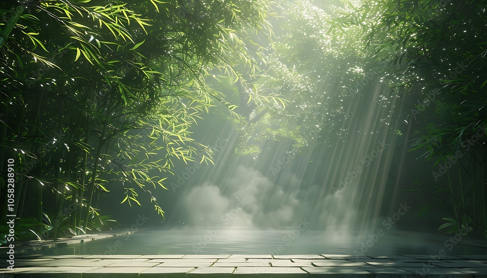 Poster a serene forest scene with beams of sunlight filtering through lush greenery, illuminating a tranqui