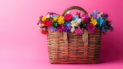 A woven basket filled with colorful artificial flowers against a pink background.