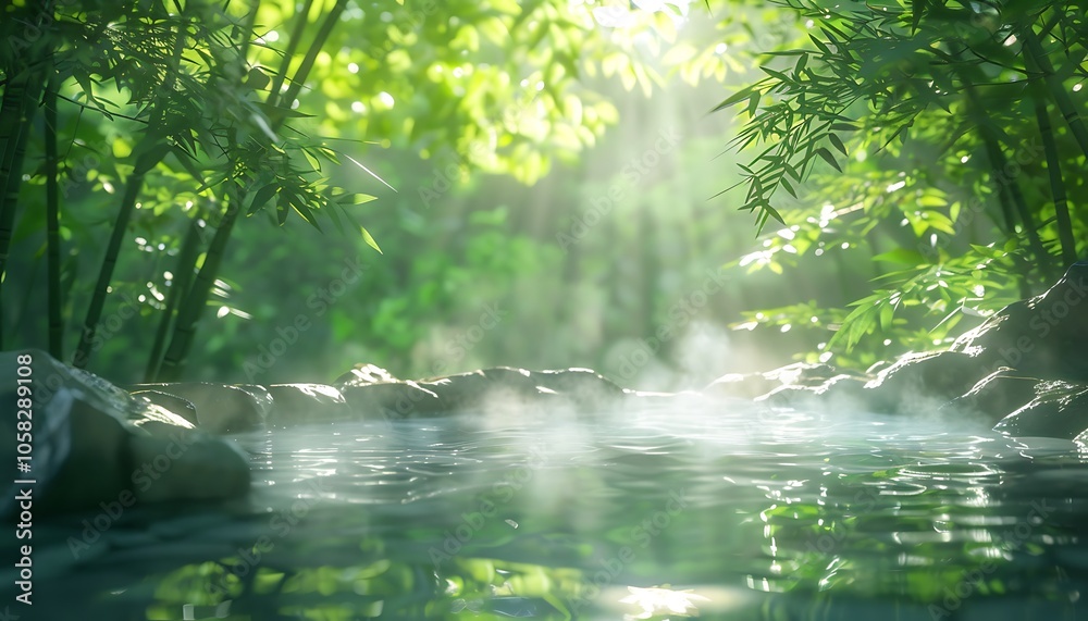 Aufkleber a serene forest scene featuring a misty pond surrounded by lush greenery, with sunlight filtering th