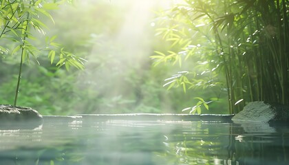 Fototapeta premium A serene, misty scene featuring calm water surrounded by lush bamboo, evoking tranquility and natural beauty.