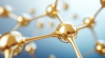 Close-up of golden molecular structure on a blue gradient background, representing chemistry and molecular science.